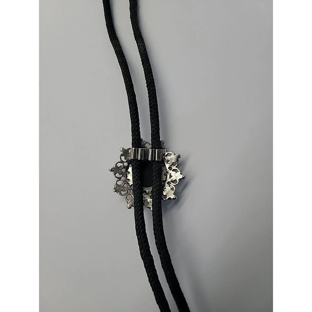 Black Bolo‎ Necklace Silver Tone Filigree Black Cabochon Western Cord Slide